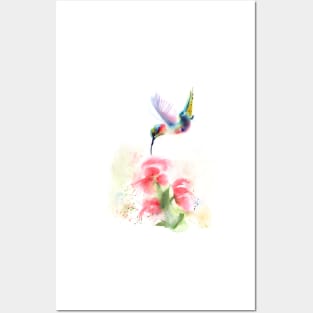 Watercolor Hummingbird with flower Posters and Art